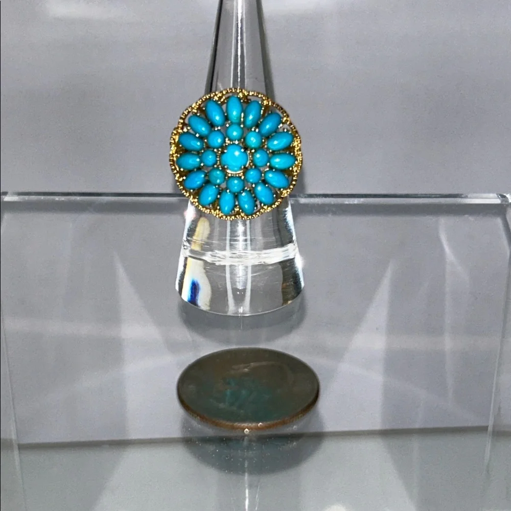 NWOT Genuine Turquoise Gemstone Gold Plated Sterling Silver Designer Ring Boho